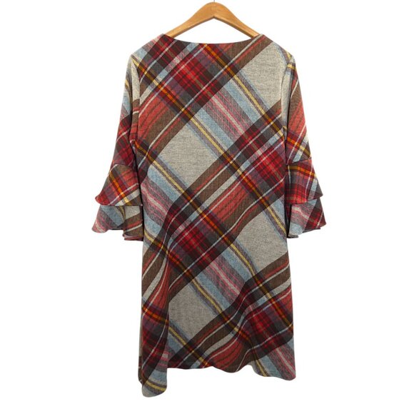 R&K Plaid Bell Sleeve Swing Dress 10 Fall Holiday Cozy Work Casual Retro - Picture 5 of 8
